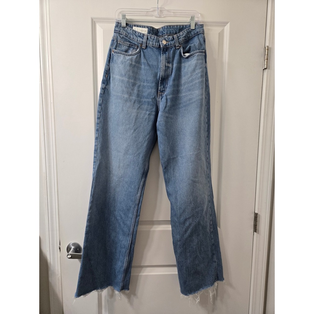 Zara Women Light Wash High Waisted Wide Leg Jeans Raw Hem Size 10 Blue Denim